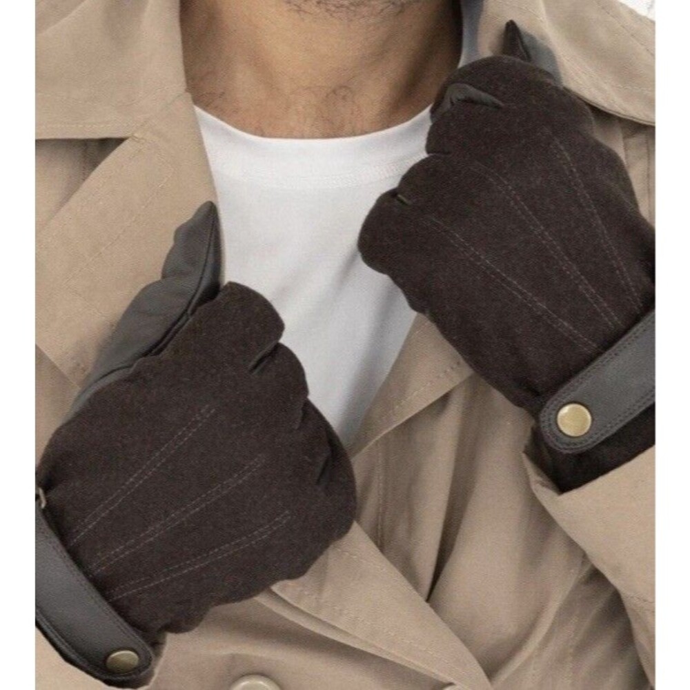 Isotoner $90 Men's SmarTouch Flannel & Leather Brown Lined Gloves Sz: Medium